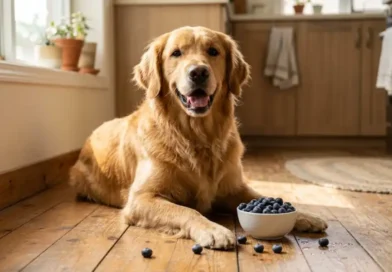 Golden retriever sitting on a wooden floor next to a small bowl of fresh blueberries