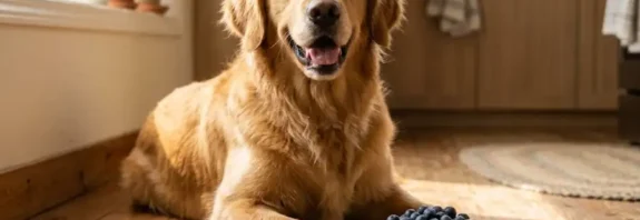 Golden retriever sitting on a wooden floor next to a small bowl of fresh blueberries