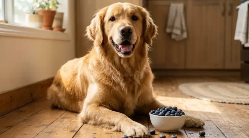Golden retriever sitting on a wooden floor next to a small bowl of fresh blueberries