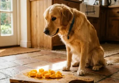 Happy dog sniffing a sliced fresh mango on a wooden table