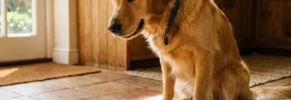 Happy dog sniffing a sliced fresh mango on a wooden table