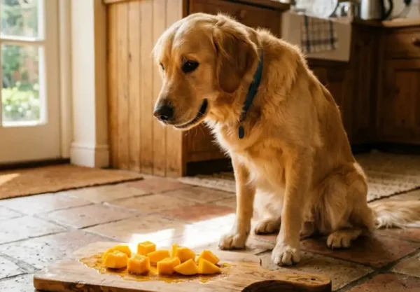 Happy dog sniffing a sliced fresh mango on a wooden table