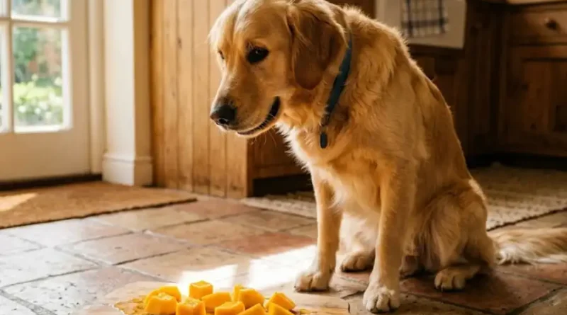 Happy dog sniffing a sliced fresh mango on a wooden table