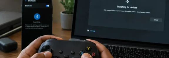 HSSGamepad wireless controller connecting to a phone and laptop