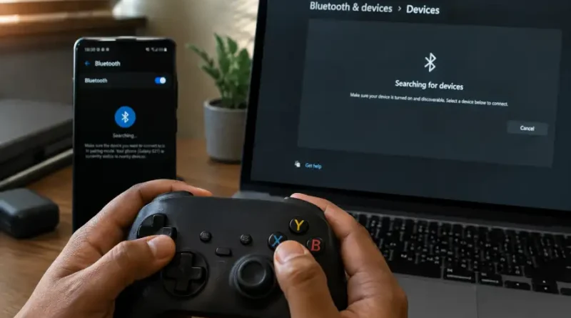 HSSGamepad wireless controller connecting to a phone and laptop