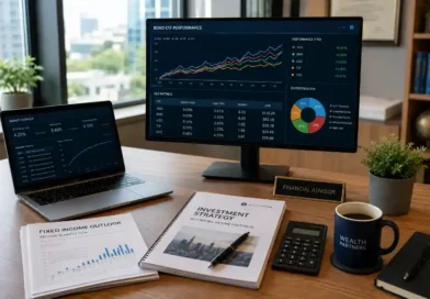 Financial advisor's desk displaying bond ETF performance charts and diversification graphs on a computer screen
