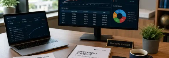 Financial advisor's desk displaying bond ETF performance charts and diversification graphs on a computer screen