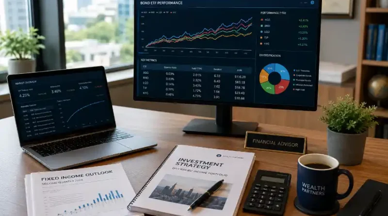 Financial advisor's desk displaying bond ETF performance charts and diversification graphs on a computer screen